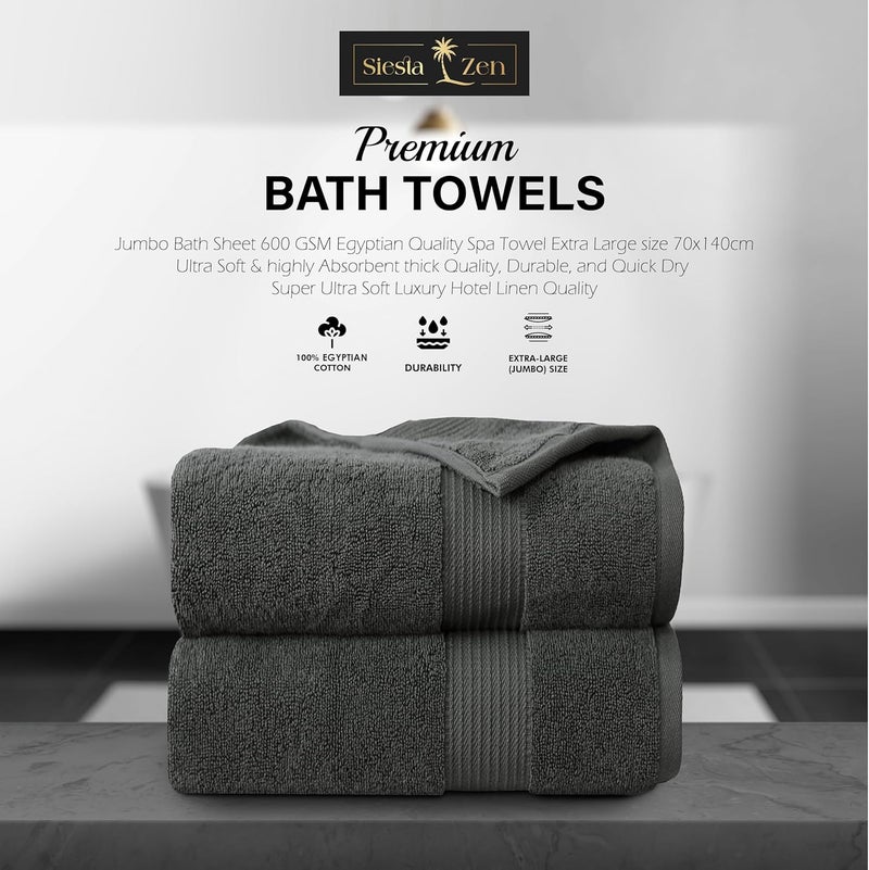 Siesta Zen Premium 100% Egyptian Cotton Bath Towels (Pack of 2) - 70x140cm, Super Soft & Absorbent, 600 GSM, Quick Dry, Fade Resistant - Grey - Image 3